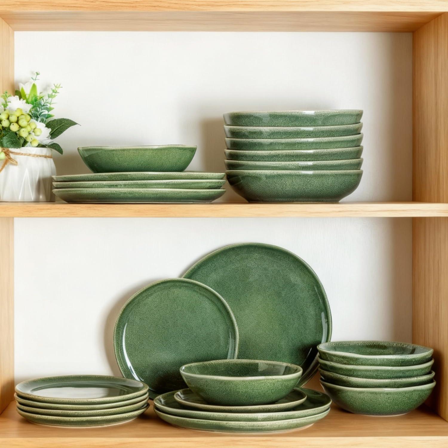 Olive Green and White Ceramic Dinnerware Set for 4