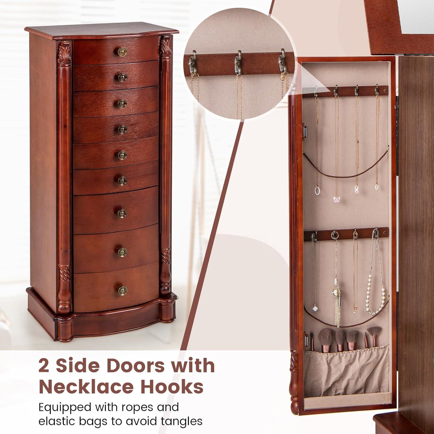 Giantex Jewelry Armoire Cabinet Stand, Large Capacity Wooden Jewelry Storage Box Organizer with Flip up Mirror, 8 Drawers and 2 Side Swing Doors Including 16 Necklace Hooks