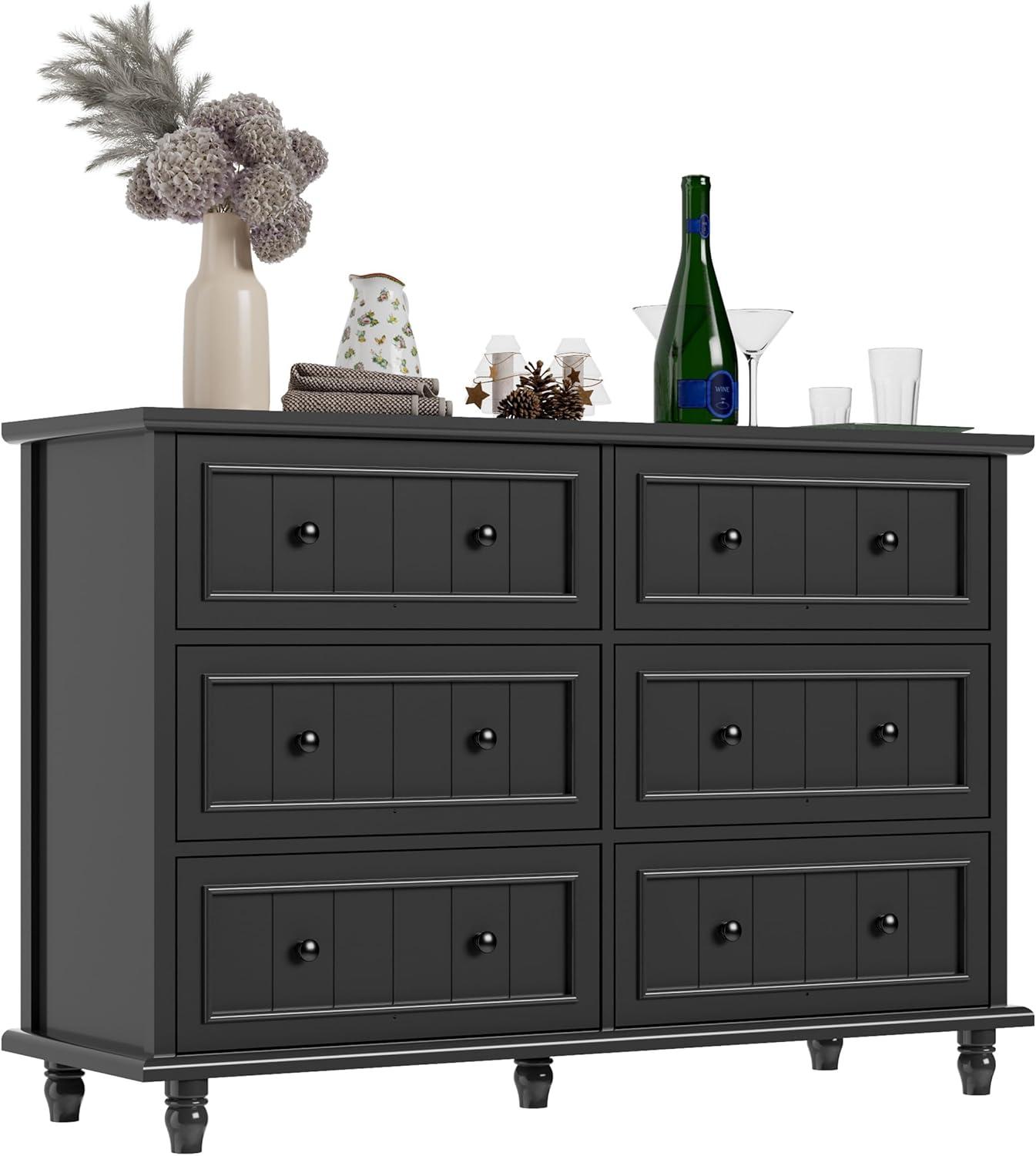 Scurrty 6 Drawer Dresser, Antique Chest of Drawers, Large Cabinet with Storage, Big Dresser for Clothes in Living Room, Bedroom (Black)