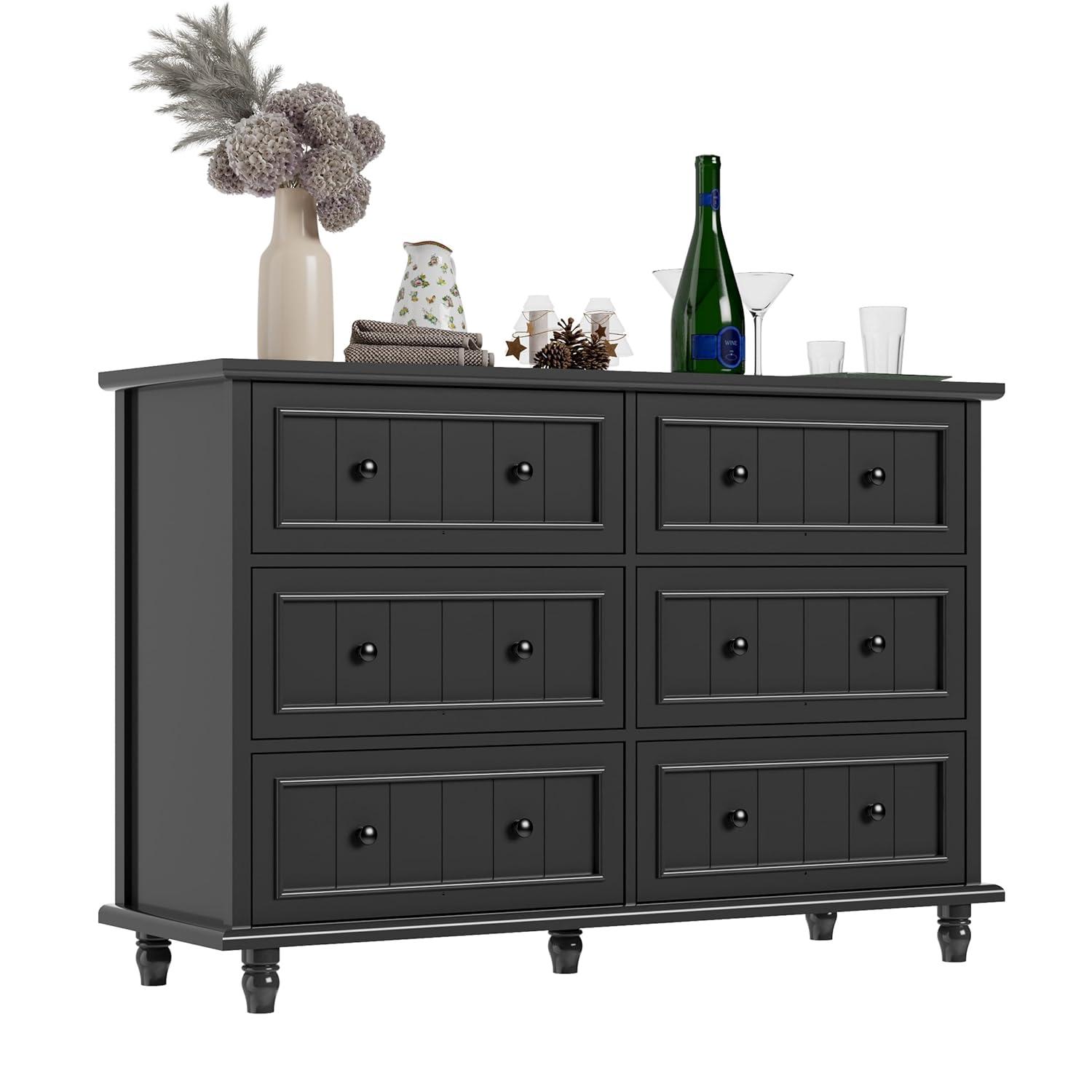 Scurrty 6 Drawer Dresser, Antique Chest of Drawers, Large Cabinet with Storage, Big Dresser for Clothes in Living Room, Bedroom (Black)