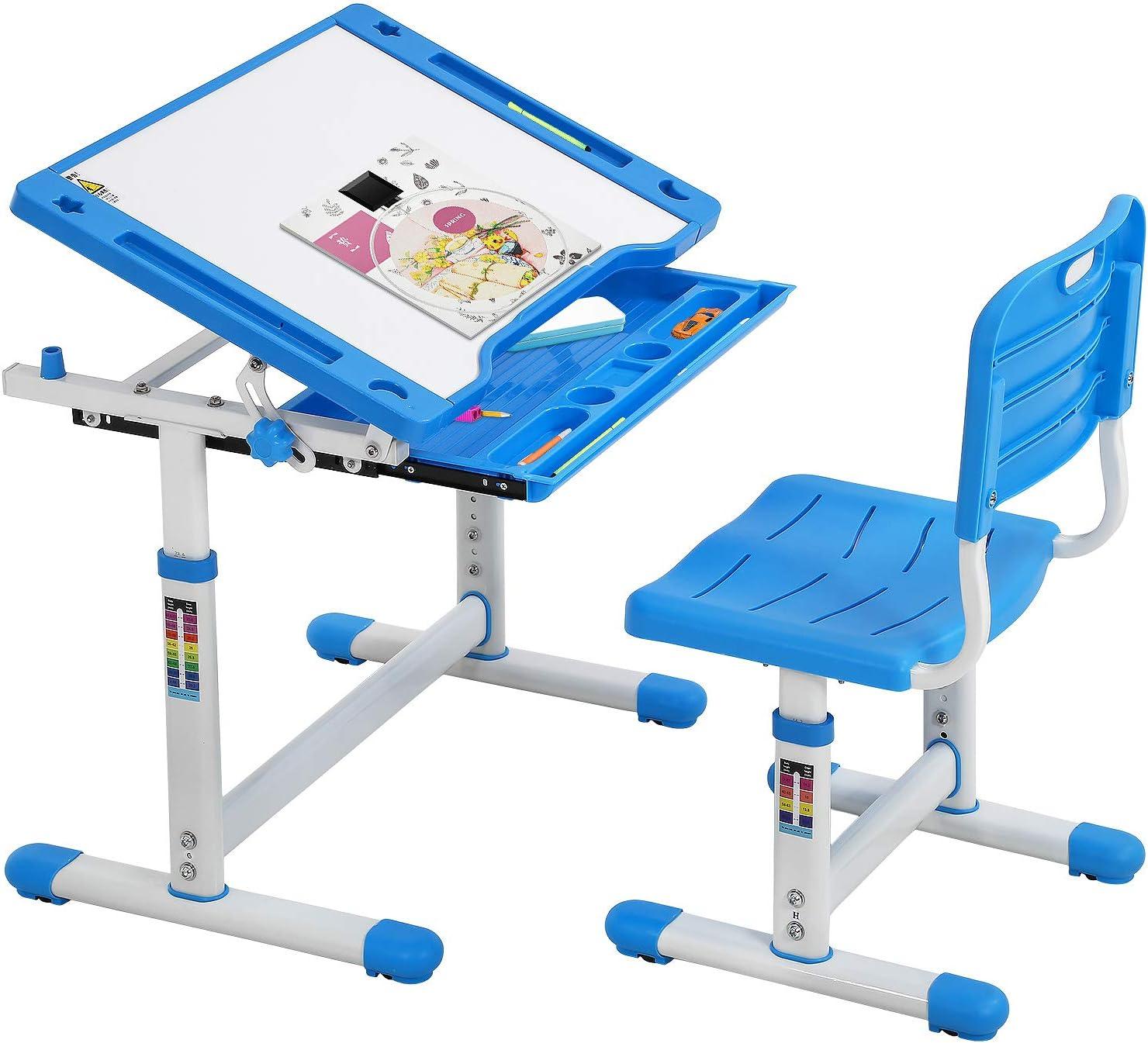 Adjustable Blue and White Kids Study Desk with Drawer and Cup Holder