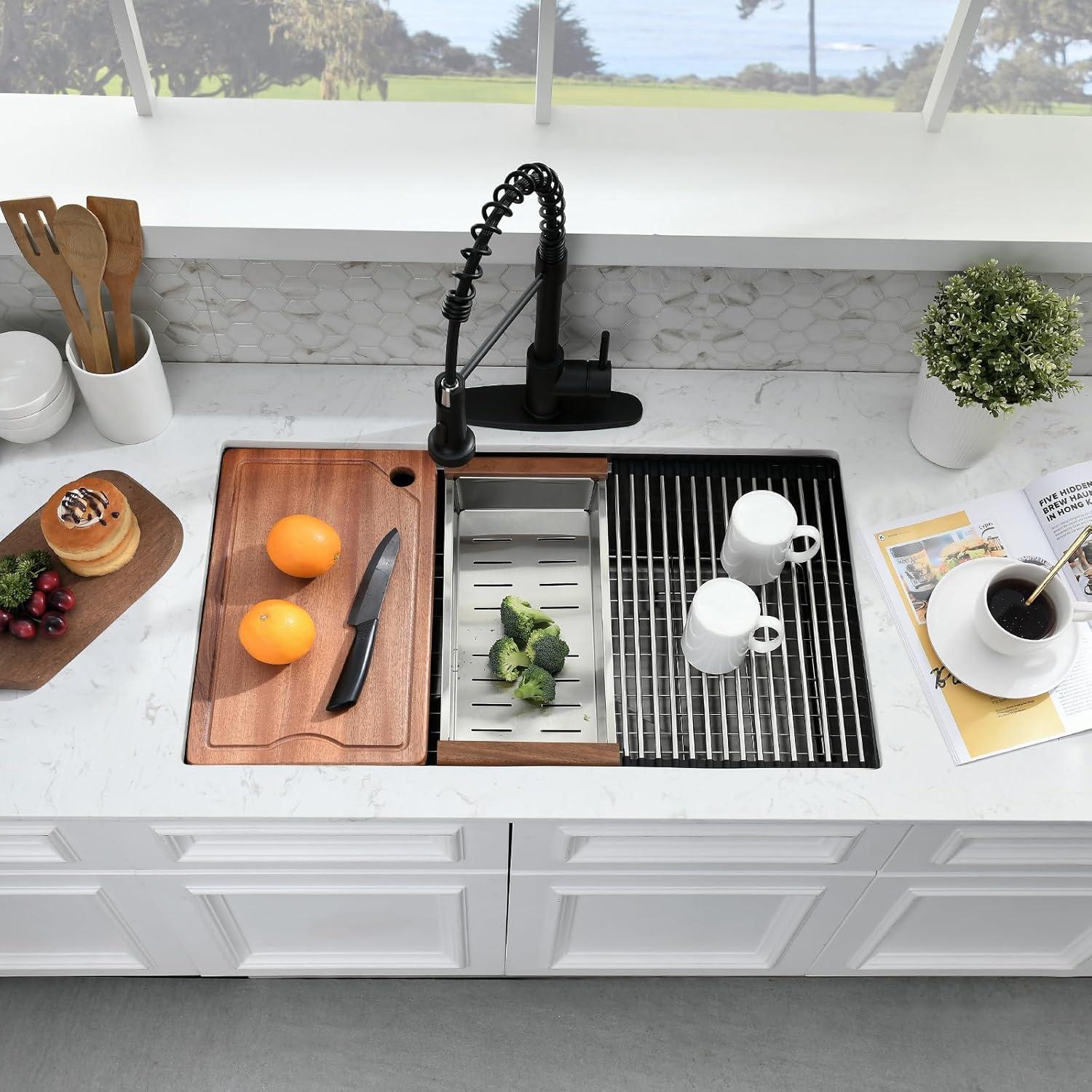 28 Inch Undermount Kitchen Sink Black - 16 Gauge Black Satainless Steel Kitchen Sink Undermount 28x18,10 Inch Deep Single Bowl Workstation Sinks with Accessories