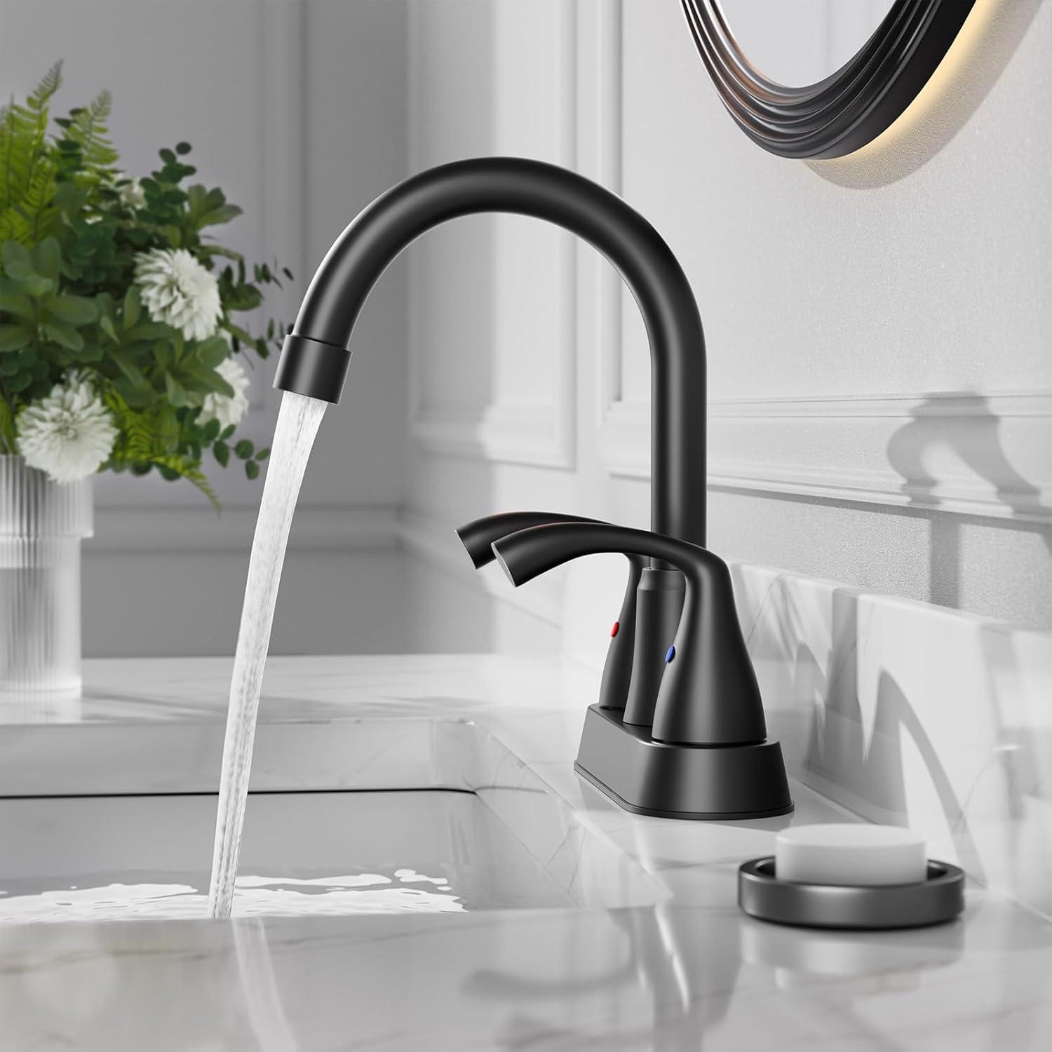 Matte Black 4-Inch Centerset Bathroom Sink Faucet with Metal Drain