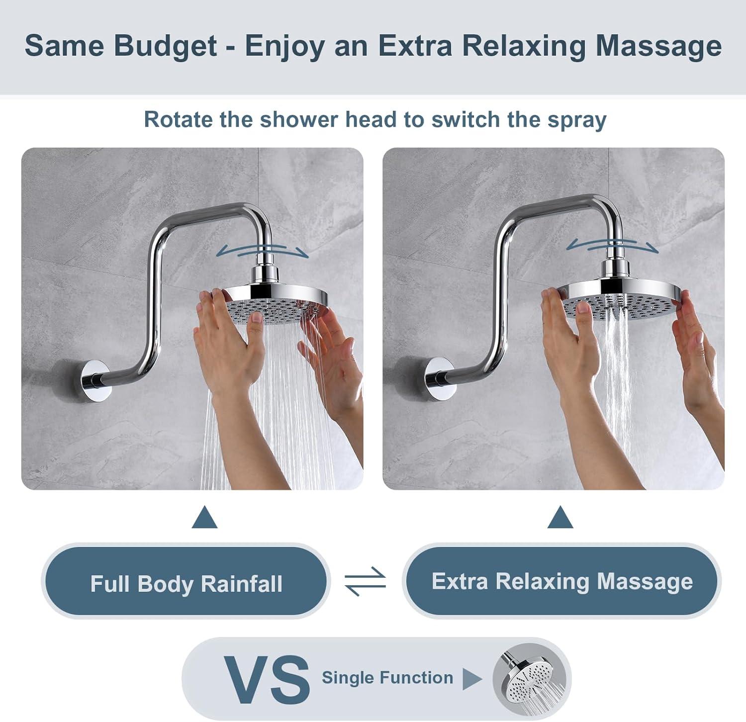 BRIGHT SHOWERS High Pressure Shower Head, 6 Inch Rain Shower Head, 2 Spray Settings Rainfall Shower Heads, Adjustable Angle Replacement Bathroom Showerhead, Easy Installation Polished Chrome