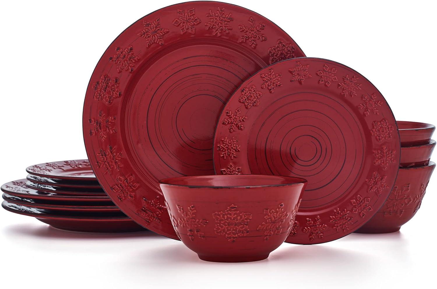 Red Ceramic Trellis Snowflake 12-Piece Dinnerware Set