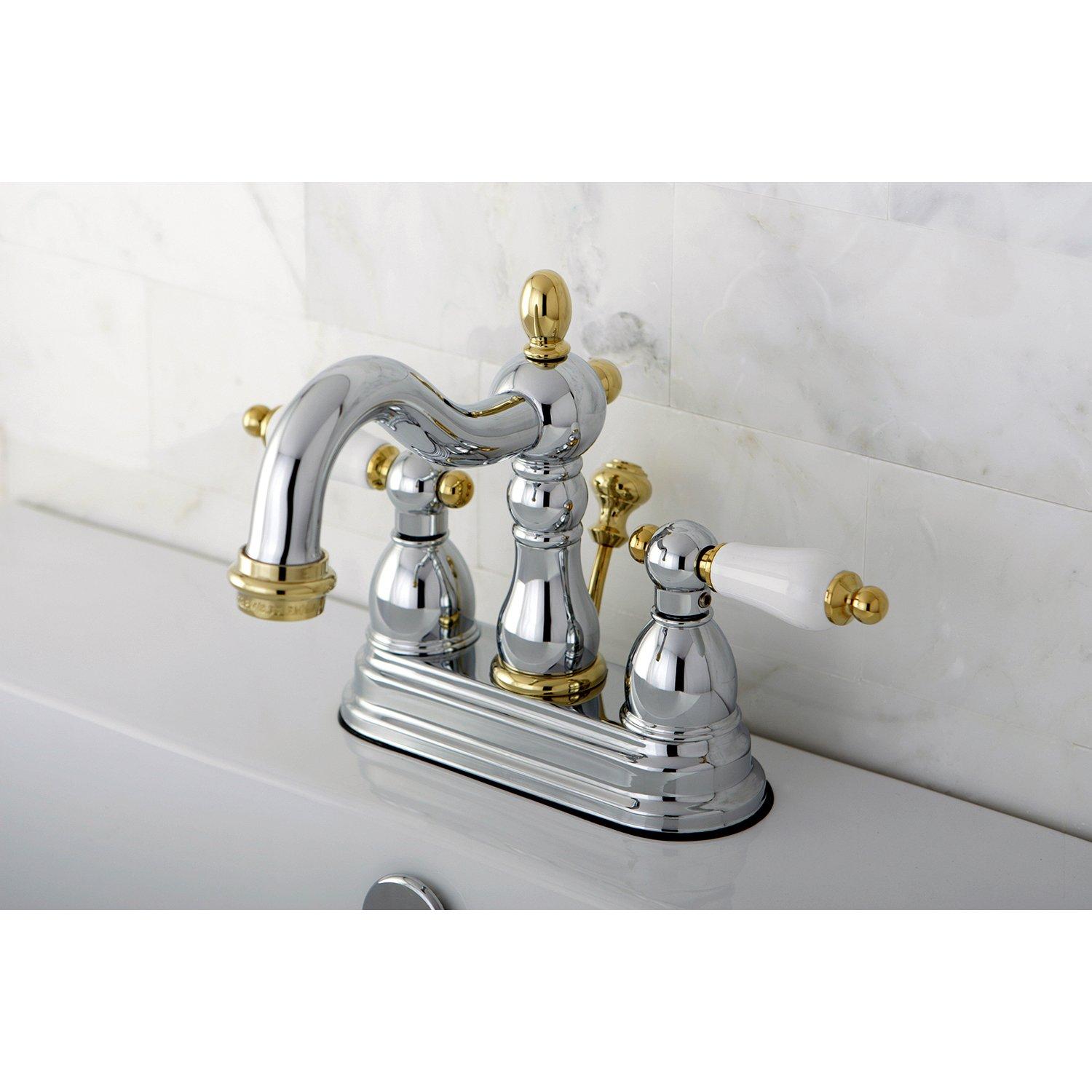 Kingston Brass Heritage Two-Handle 3-Hole Deck Mount 4" Centerset Bathroom Faucet with Plastic Pop-Up