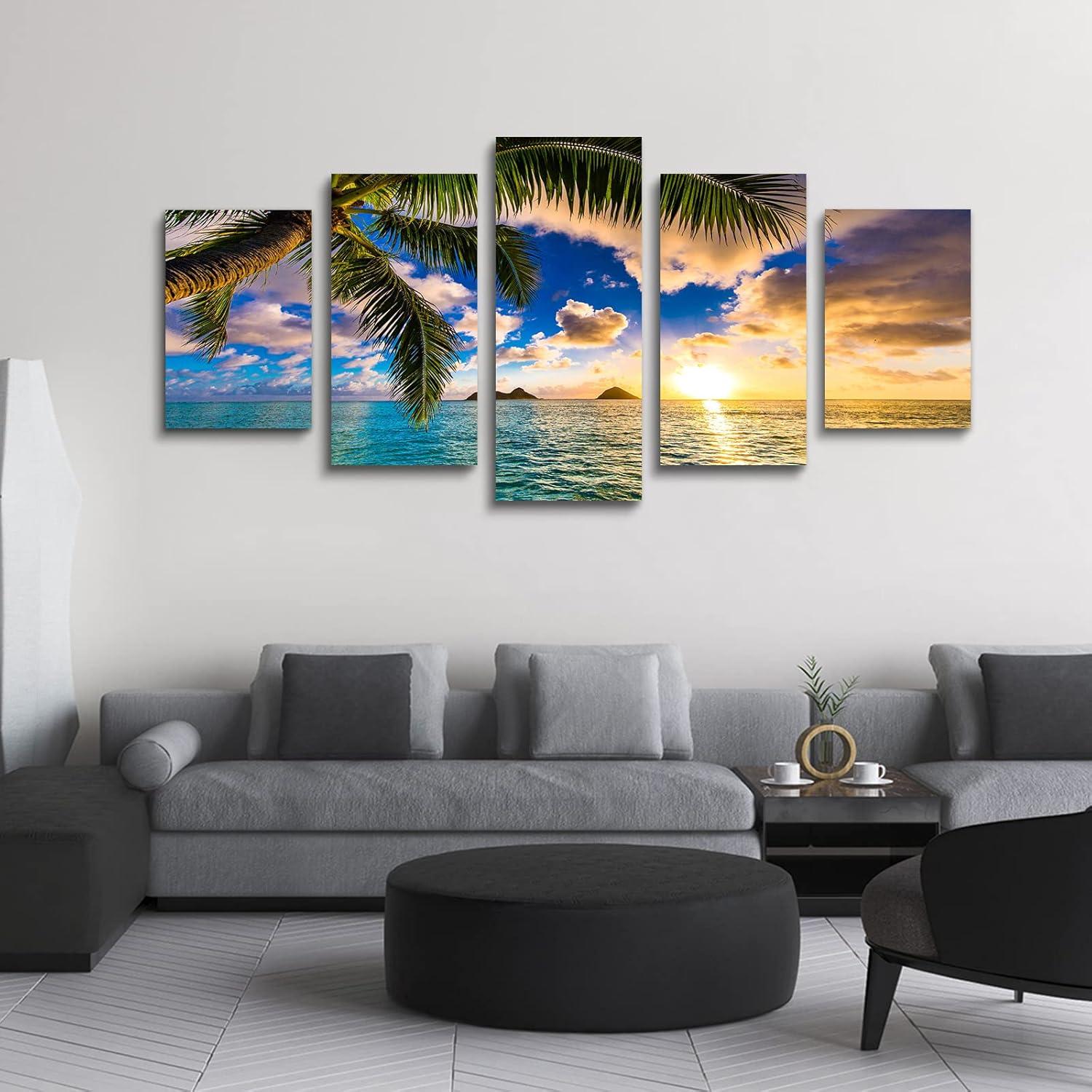 Modern 5 Piece Framed Giclee Canvas Prints - Blue Beach Landscape Blue Paintings on Canvas Wall Art Canvas Print Frame Picture Painting (B-5pcs,40"x20")