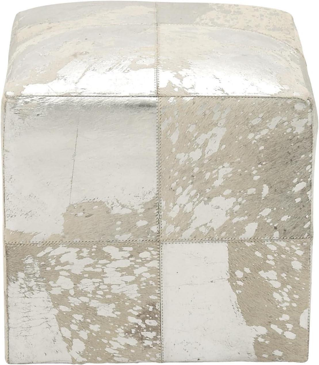 DecMode 16" x 17" White Leather Handmade Stool with Silver Foil Paint, 1-Piece