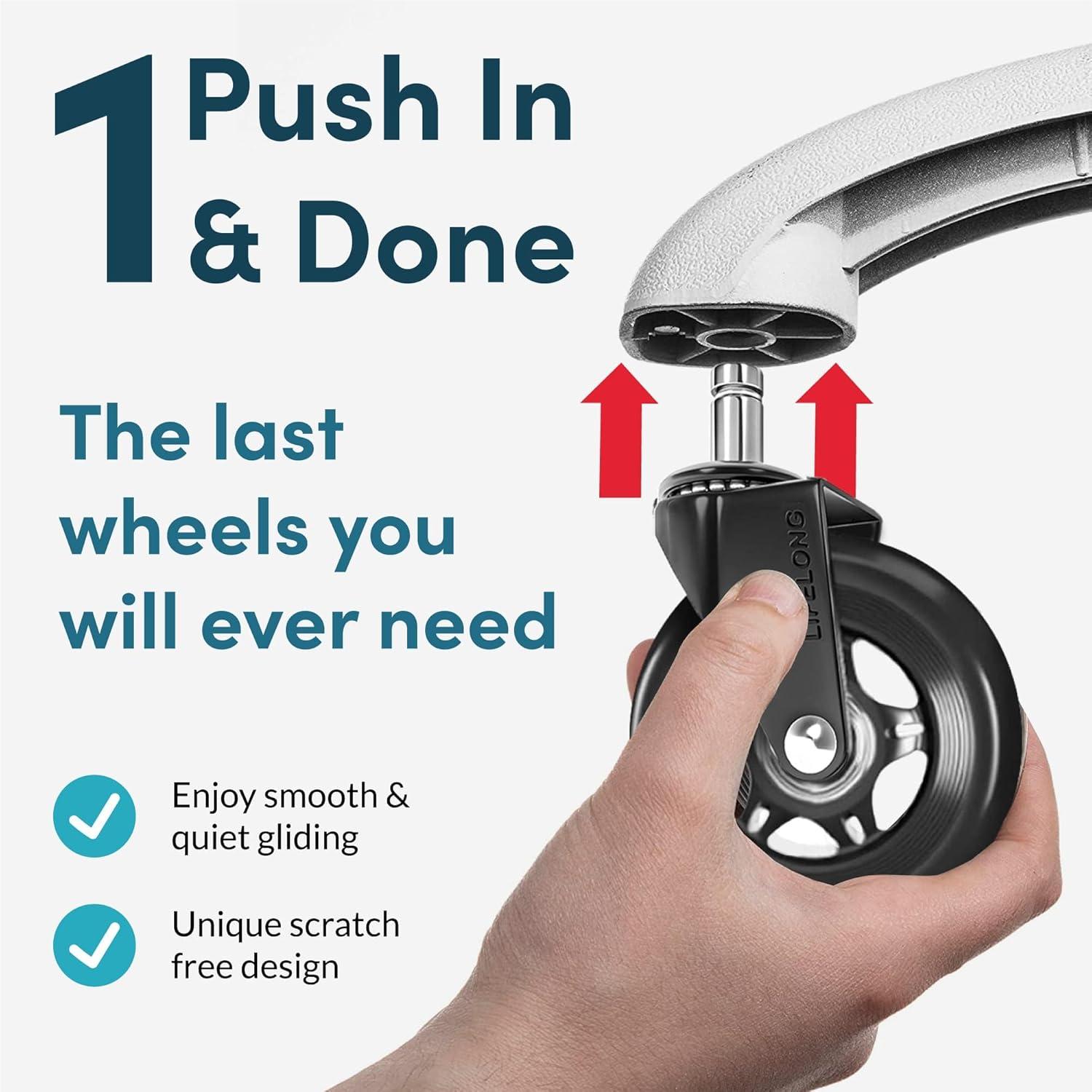 Lifelong Office Chair Caster Wheels for Hardwood Floors and Carpet, Heavy Duty, Universal Fit - Black