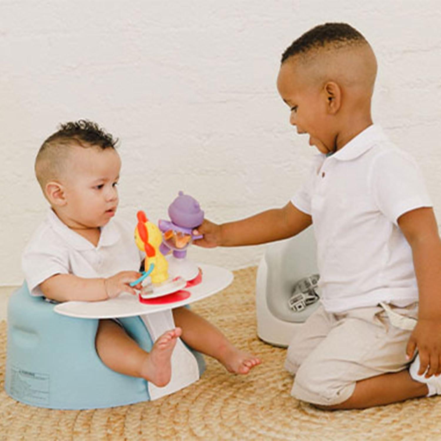 Bumbo Baby Infant Children Toddler Soft Foam Floor Seat with 3-Point Adjustable Harness and Eating and Play Top Tray Attachment, Taupe