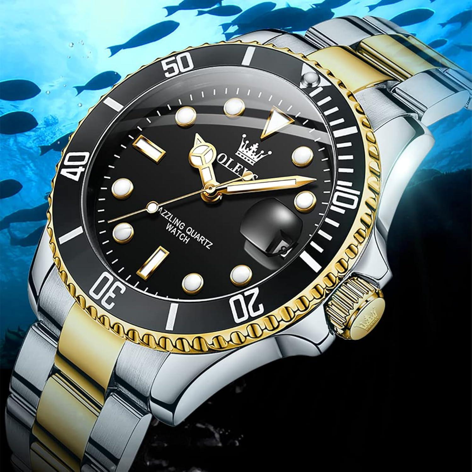 OLEVS Men Watch,Big Dial Watches for Men Stainless Steel Watch with Day Waterproof Analog Quartz Watches for Man Classic Business Wristwatch Luxury Luminous Round for Men Rotatable Bezel Watch