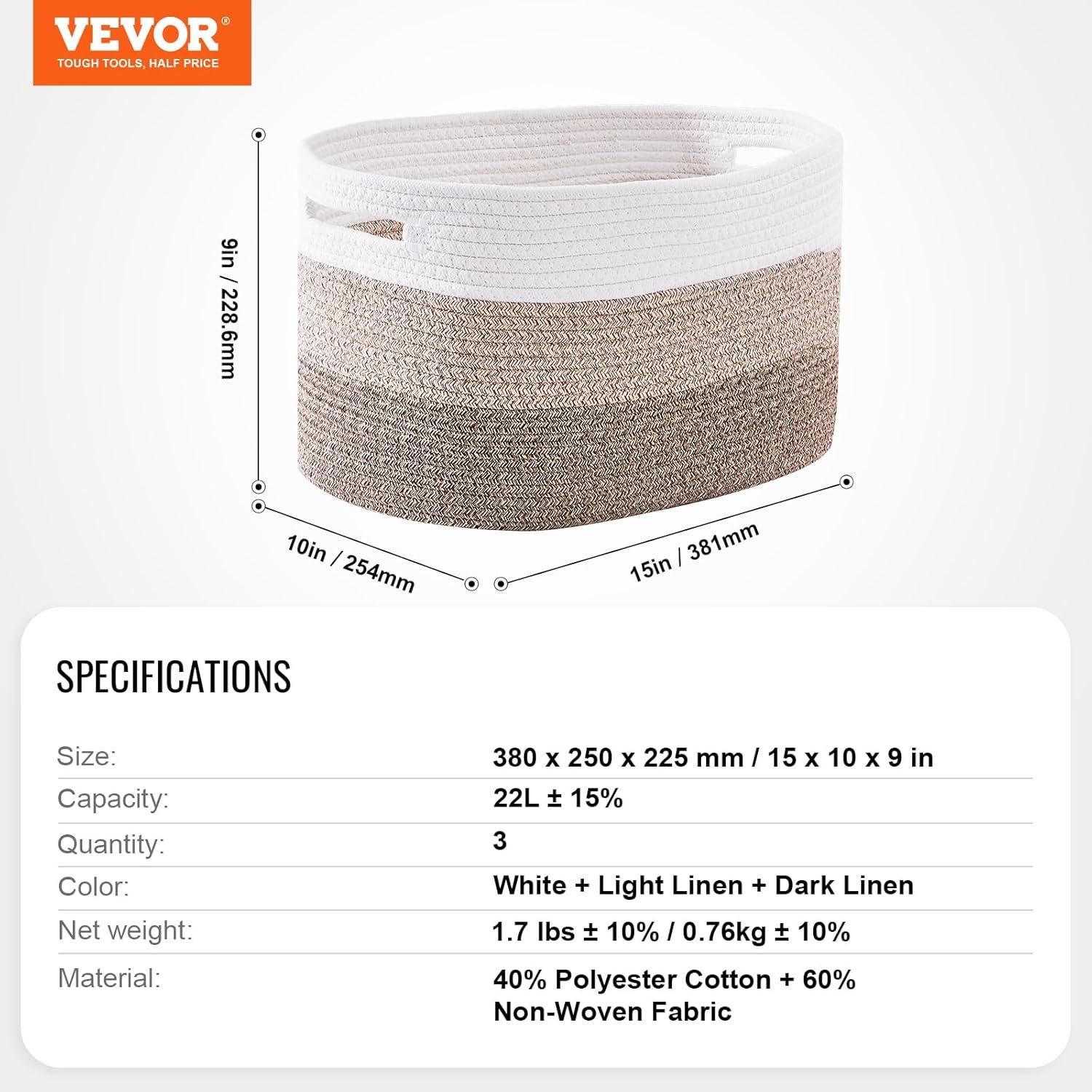 VEVOR Cotton Rope Basket, 22L, 3 Packs Storage Basket, Woven Basket Bins with Handles, Decorative Shelf Organizer Towel Hamper, Boho Toy Basket for Organizing Books Clothes Living Room 15 x 10 x 9 in