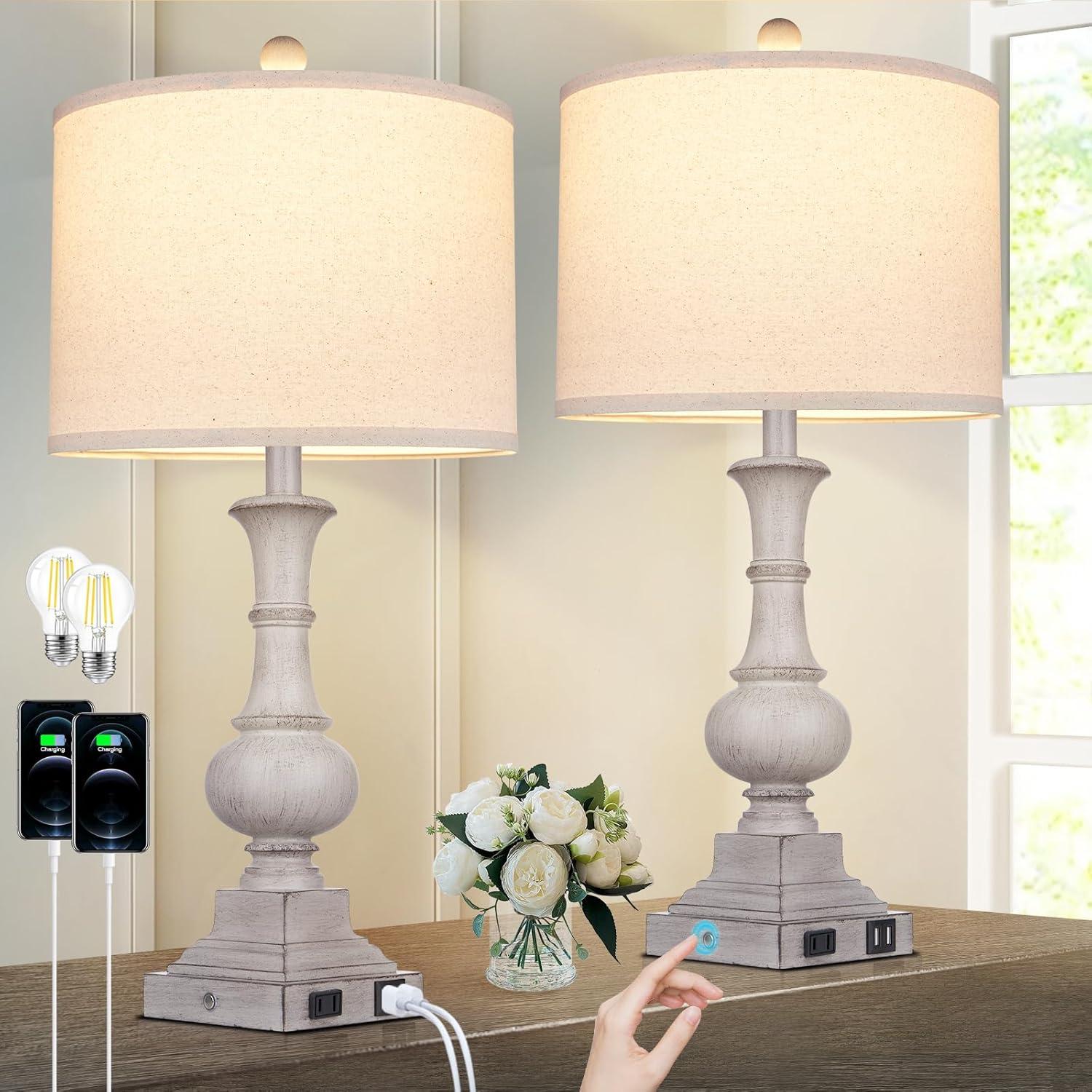 Gray Resin Touch Control Table Lamps with USB Ports and Beige Linen Shades, Set of 2