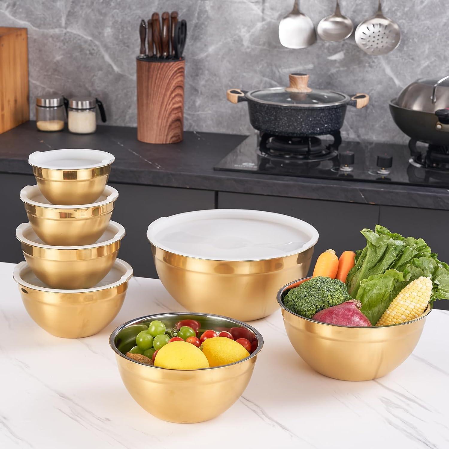 Gold Stainless Steel Mixing Bowls with White Lids, Set of 7