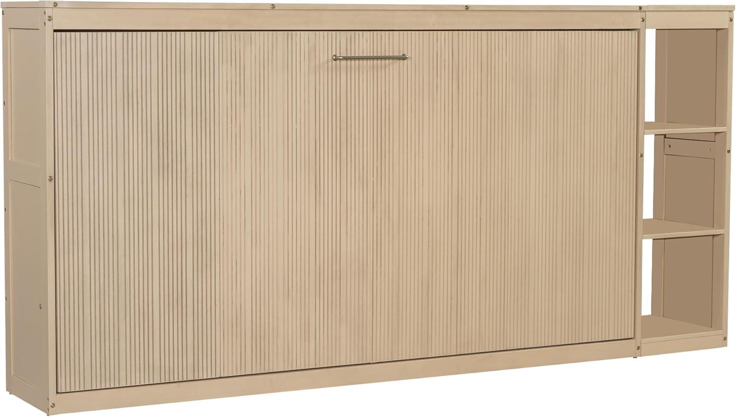 SOFTSEA Modern Murphy Bed Cabinet Bed with Bookshelf, Twin Size Foldable Platform Bed Frame with Storage Racks, for Home Guest Room Small Room, Natural