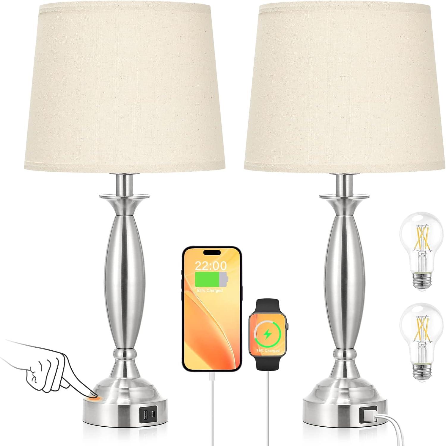 Beige 3-Way Touch Control Table Lamps with USB Ports, Set of 2