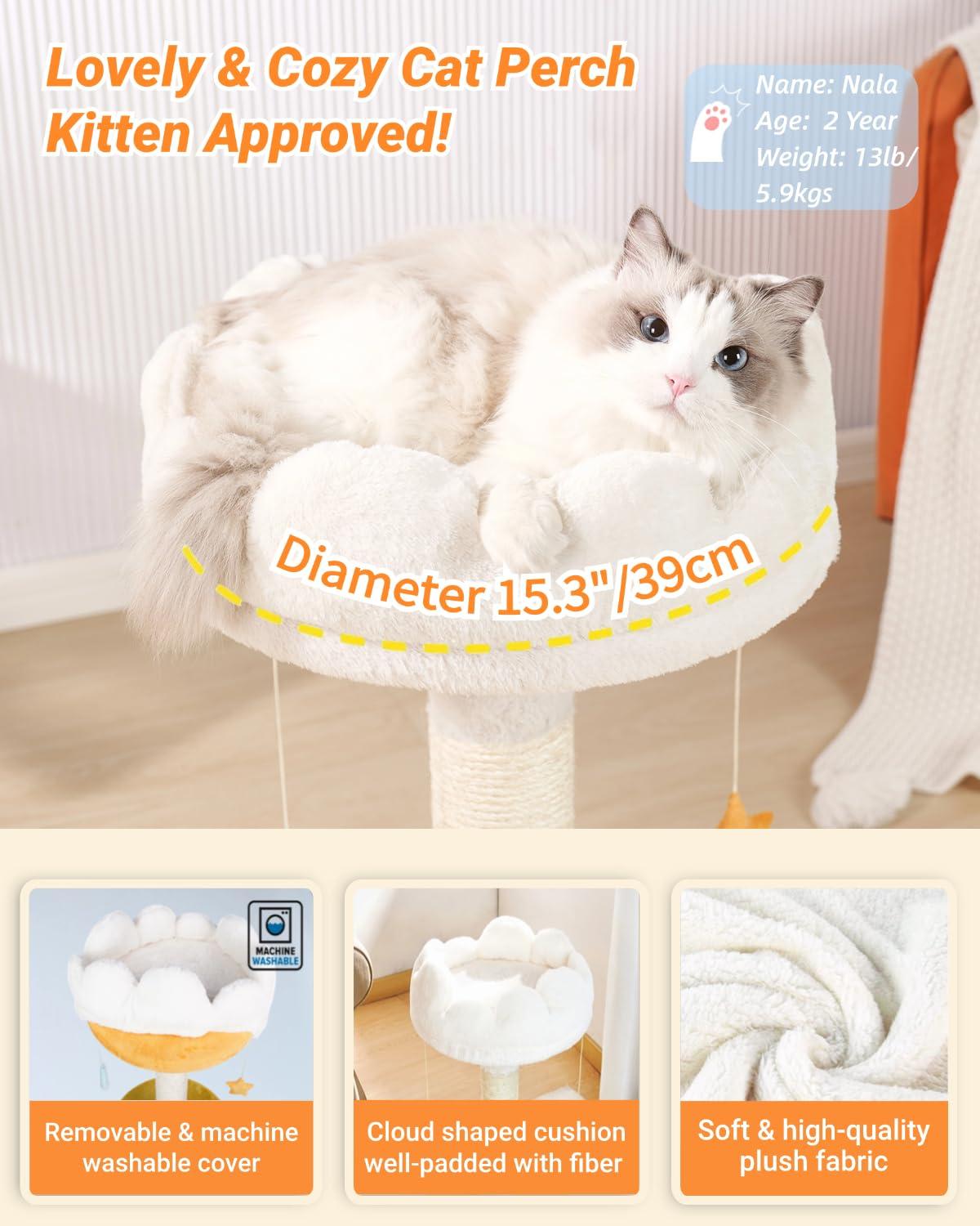 Happi N Pets 28" Large Cloud Cat Scratching Post with Bed(Ø15.3in), Cat Tree Tower for Indoor Cats, Tall Scratch Post with Natural Sisal Ropes & Soft Plush Perch, Removable Cover & Enhanced Base