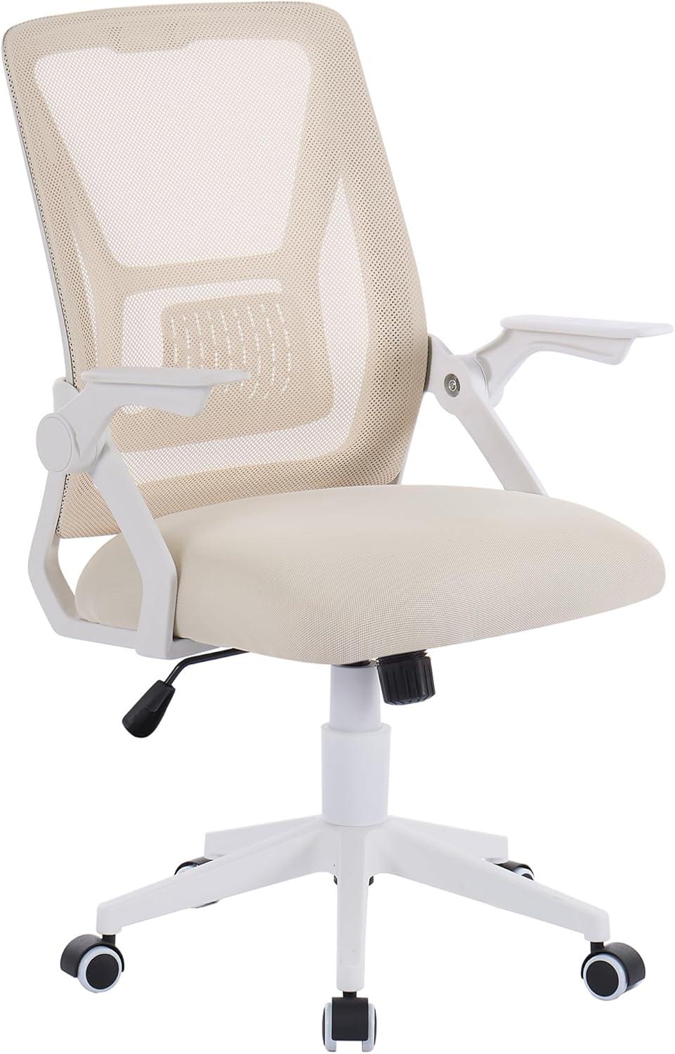 VECELO Mesh Office Chair, Mid-Back Swivel Adjustable Ergonomic Home Office Chair with Lumbar Support and Flip-up Arms, Beige