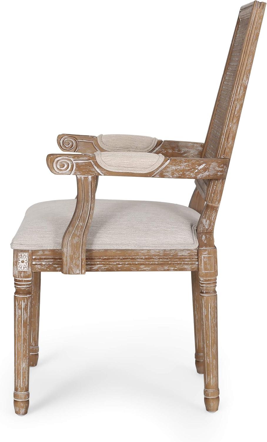 French Country Elegance Beige & Natural Wood Cane Upholstered Arm Chair