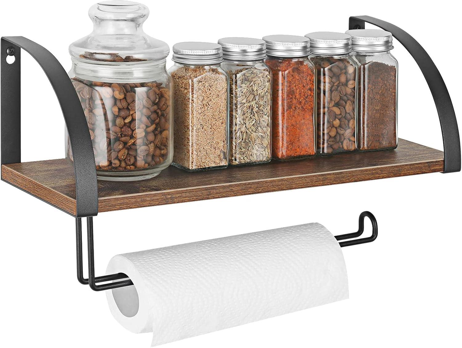 Paper Towel Holder with Shelf Storage, Wall Mount 2-in-1 Kitchen Paper Roll Towel Holder Rustic Farmhouse Under Cabinet Spice Rack for Kitchen Pantry Bathroom Organizer Storage