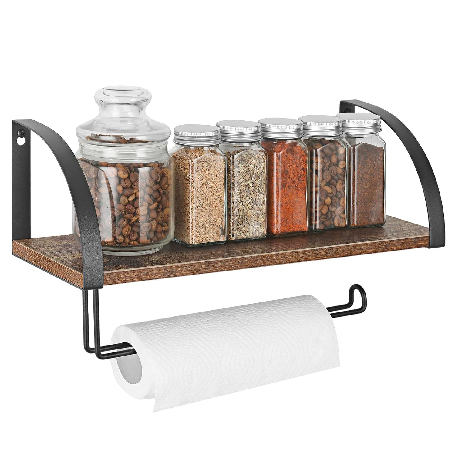 Paper Towel Holder with Shelf Storage, Wall Mount 2-in-1 Kitchen Paper Roll Towel Holder Rustic Farmhouse Under Cabinet Spice Rack for Kitchen Pantry Bathroom Organizer Storage