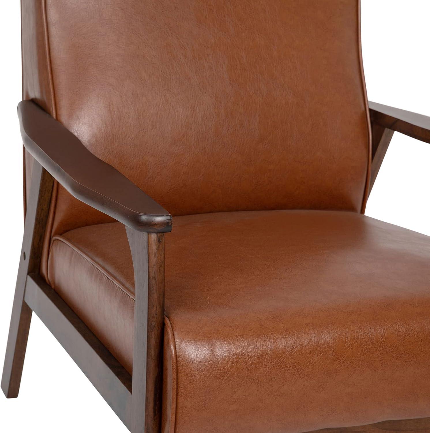 Cognac LeatherSoft Mid-Century Modern Accent Chair with Walnut Wooden Frame