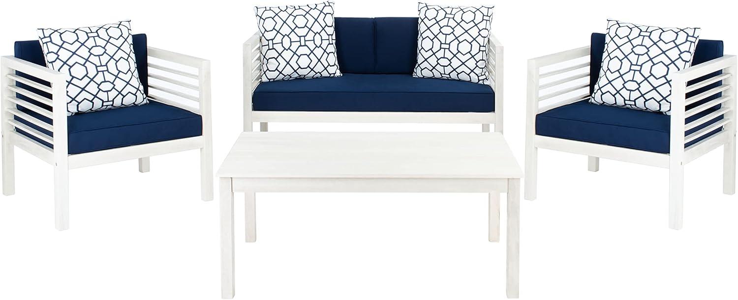 Alda 4 Piece Patio Outdoor Conversation Set With Accent Pillows - White/Navy/White - Safavieh