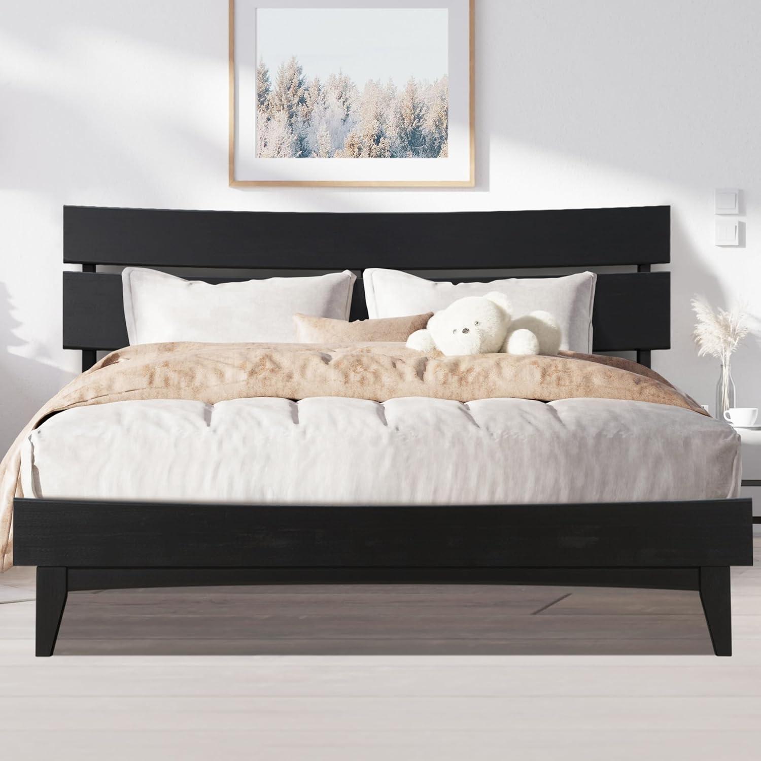 Acacia Aurora Premium Solid Wood Platform Bed Frame and High Headboard, King Bed Frame with Headboard Included, Mid Century Modern Bed with 5 years Warranty