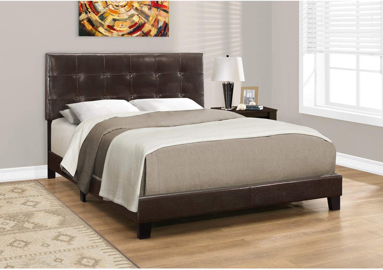 Monarch Specialties Bed Queen Size Platform Bedroom Frame Upholstered Pu Leather Look Wood Legs Brown Transitional