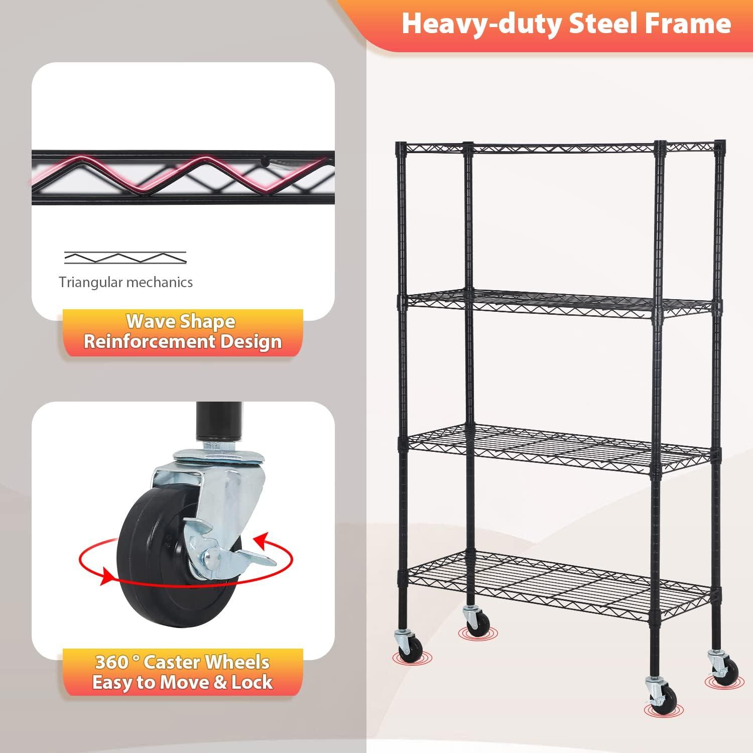 Killeryuki Chrome Storage Shelves, 4-Tier Wire Shelving with Wheels Adjustable Storage Shelves 500lbs Capacity Metal Shelf 36L x 14W x 62H for Office Garage Kitchen Basement Bedroom