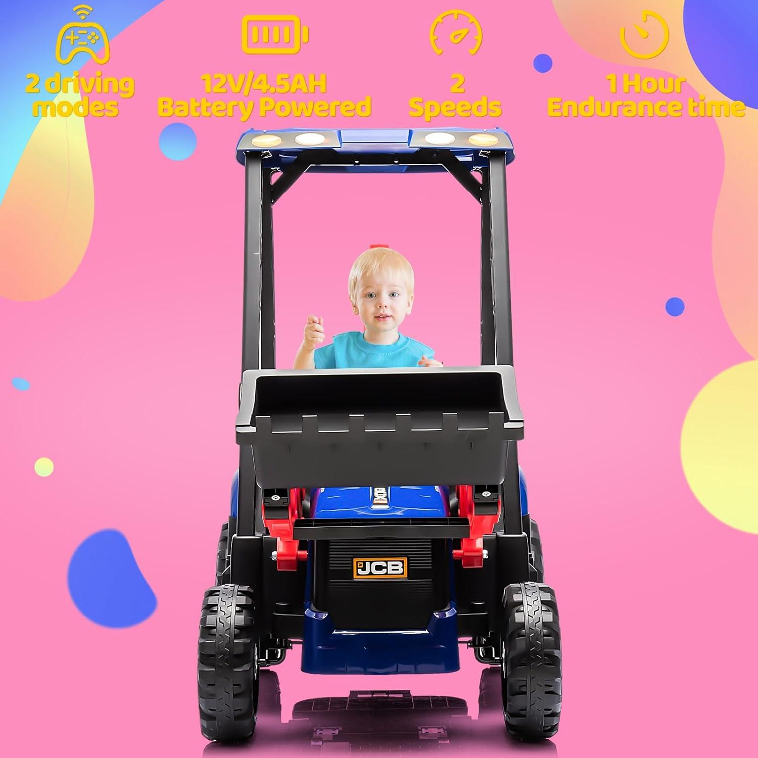 EastVita 12V Ride on Toys Tractor, Kids Ride on Car Toy Excavator Bulldozer, 12V Digger w/Trailer, Shovel Bucket, Digger, Remote Control, EVA Tires, LED Lights, Music, USB