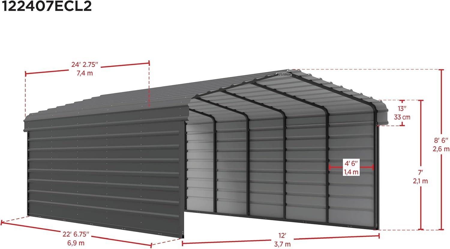 Arrow Arrow Steel Carport with 2 Side Wall Kits, 12X24X07