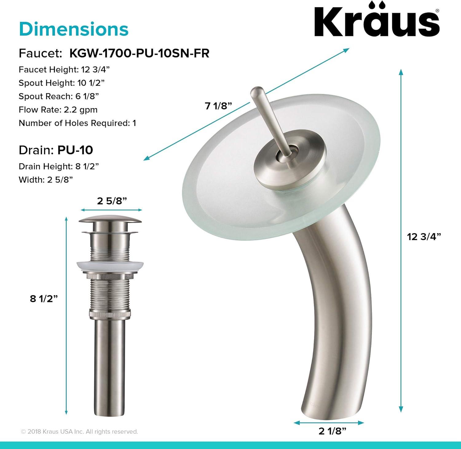 KRAUS Tall Waterfall Bathroom Faucet for Vessel Sink with Frosted Glass Disk and Pop-Up Drain, Satin Nickel Finish