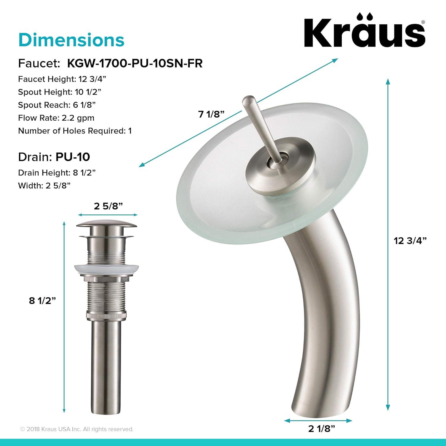 KRAUS Tall Waterfall Bathroom Faucet for Vessel Sink with Frosted Glass Disk and Pop-Up Drain, Satin Nickel Finish