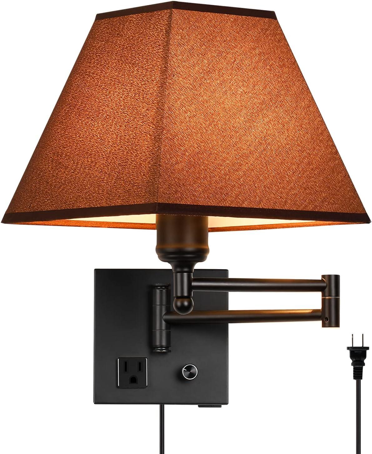 Black Swing Arm Wall Lamp with Fabric Shade and USB Port