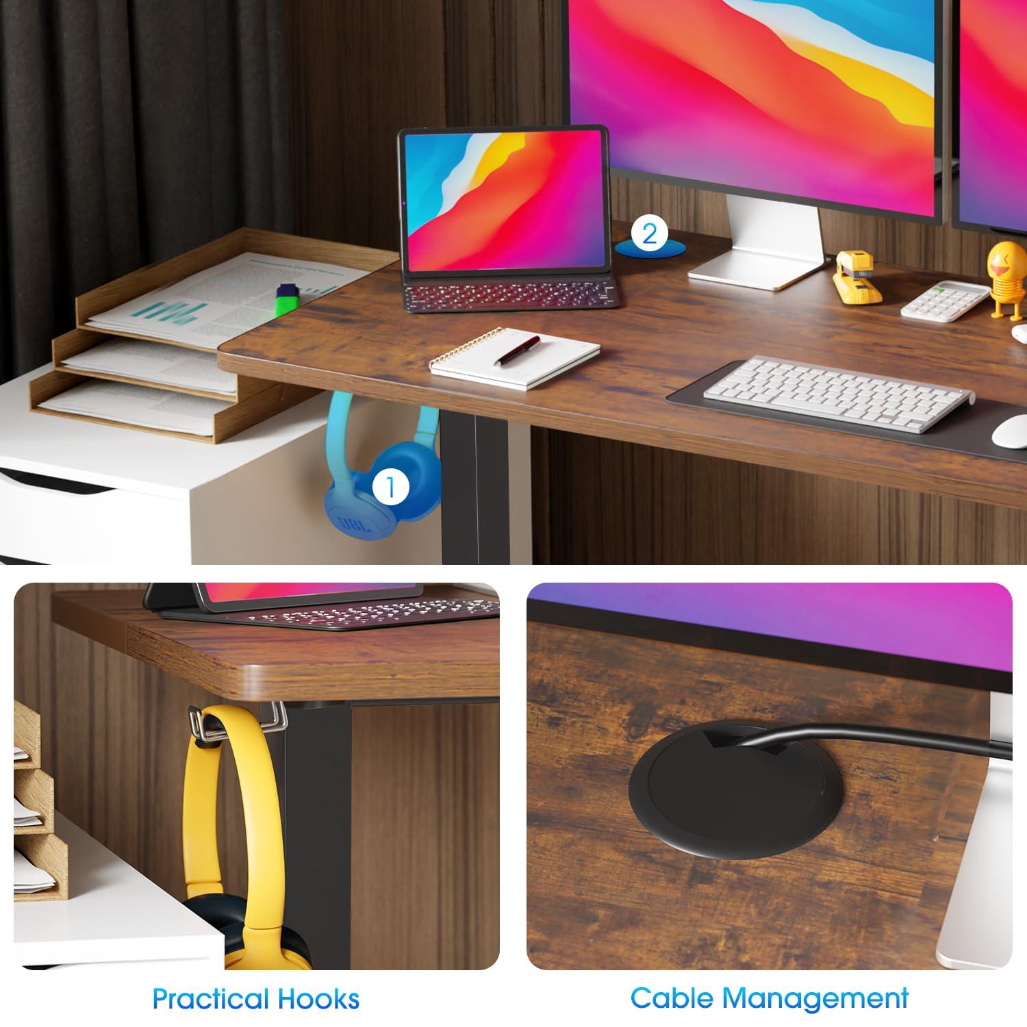 FDW 48 Adjustable Height Standing Desk Computer Desk with Large Space and Headphone Holder with Electric Lifting and 2 Memory Function,Brown