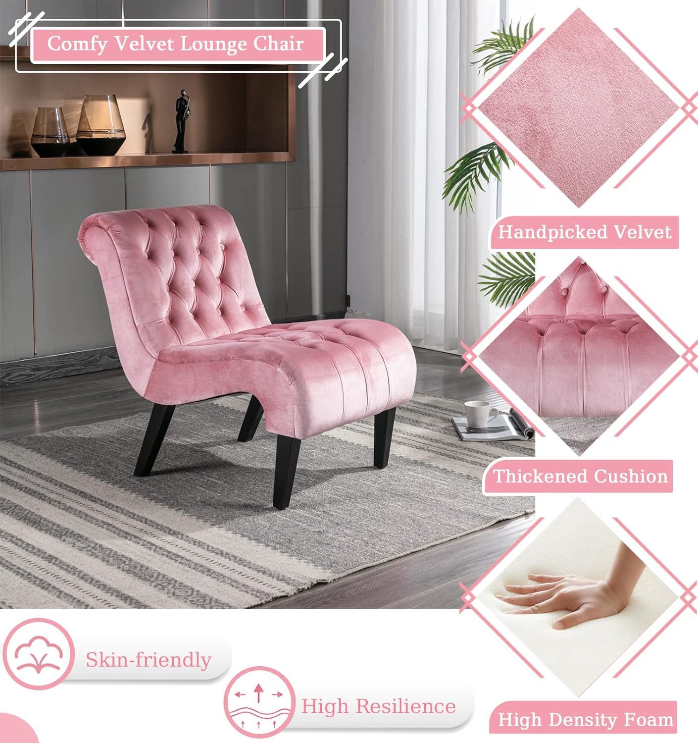 Accent Tufted Armless Chaise Lounge, Leisure Reclining Chair with Wood Legs, Modern Lounge Sofa, for Indoor Home Living Room Bedroom, Pink