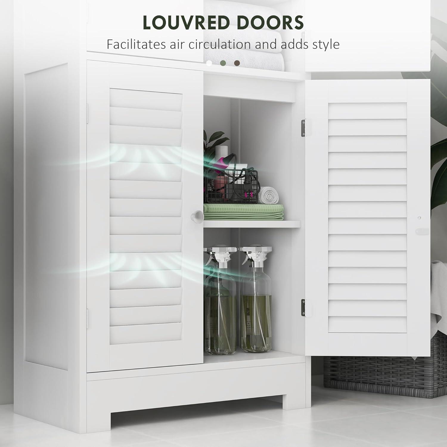 HOMCOM 67" Bathroom Cabinet with Glass/Louvred Doors, Tall Bathroom Storage Cabinet with Adjustable Shelf, White