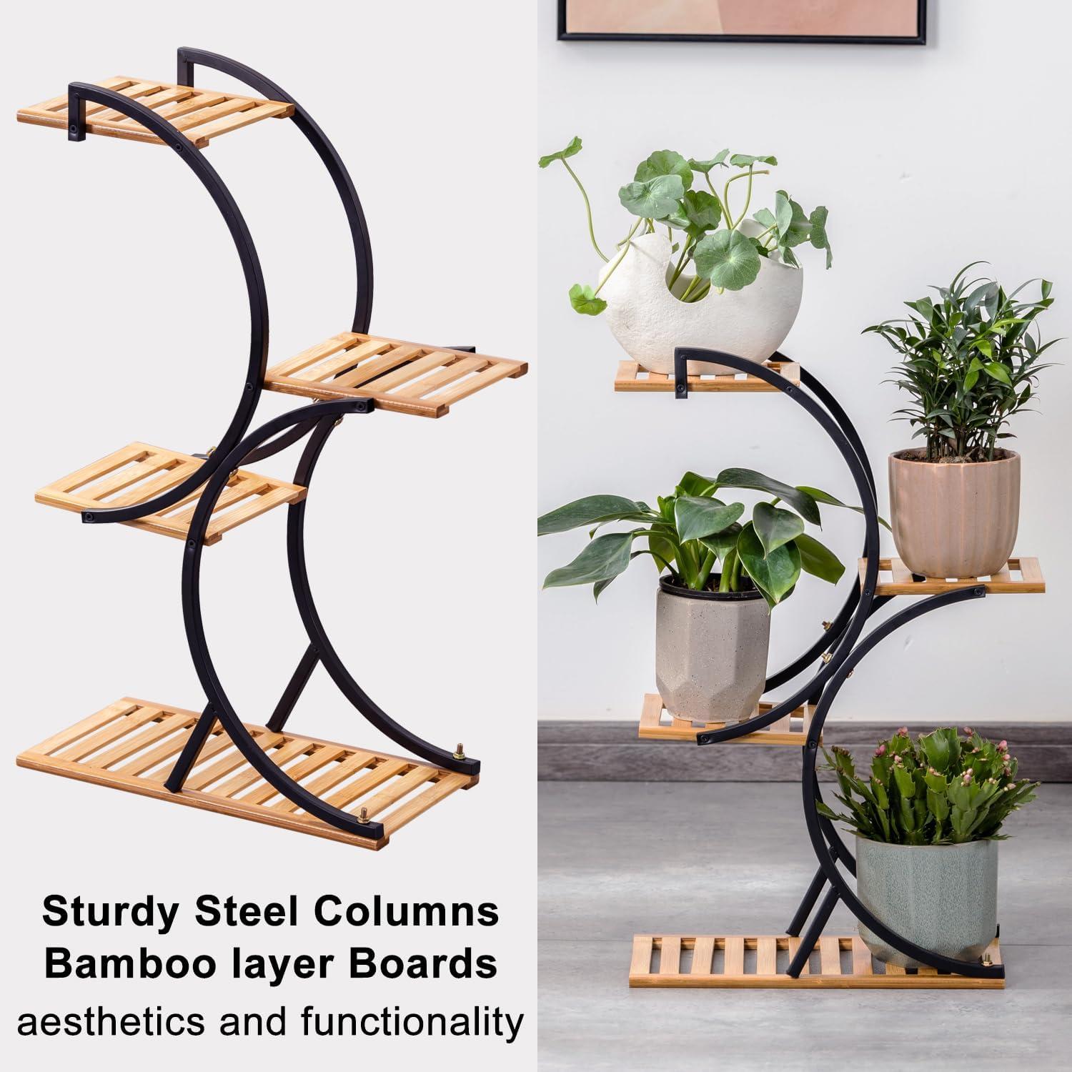 Black and Bamboo 4-Tier Indoor Outdoor Plant Stand