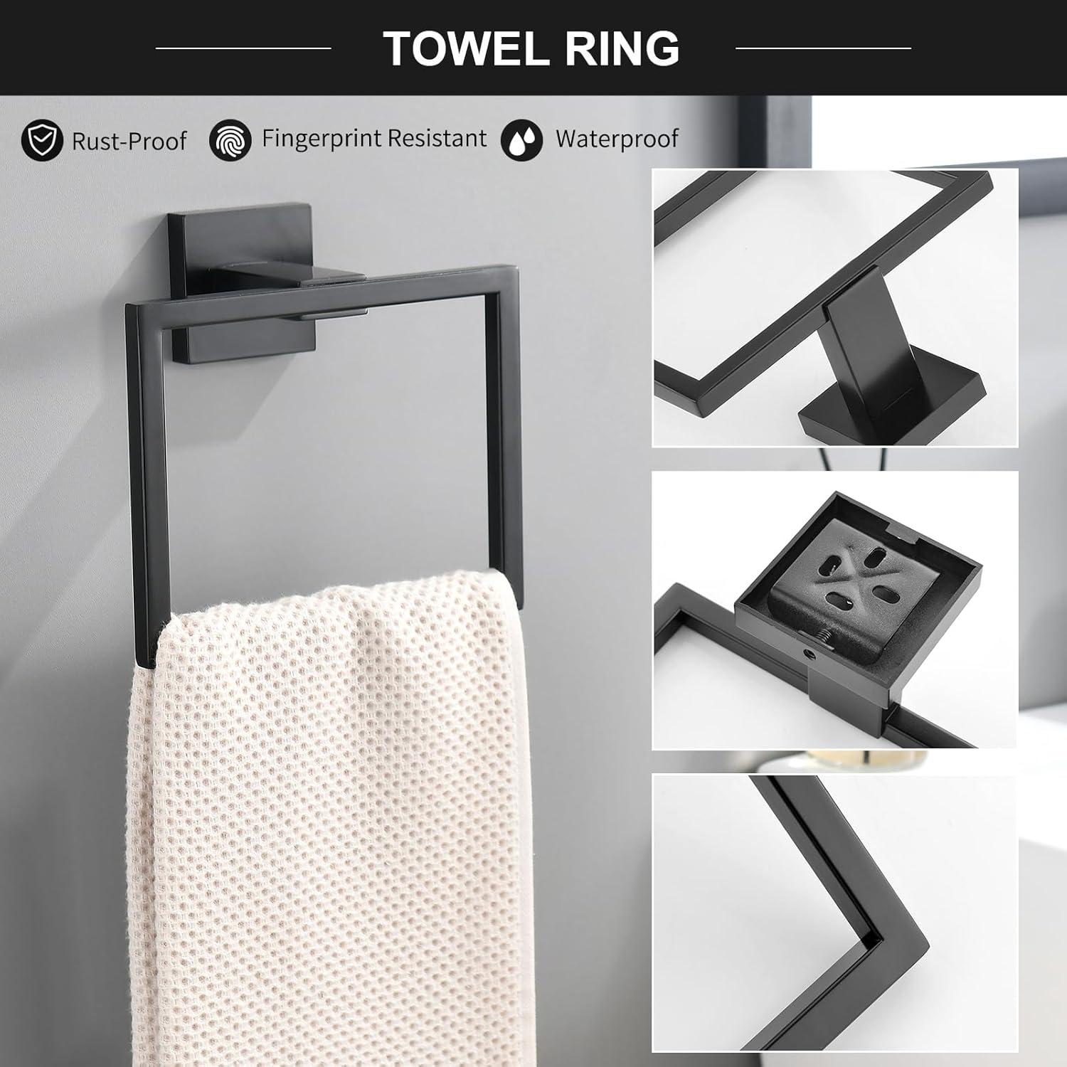 Black Towel Bar Set 5-Piece Bathroom Hardware Set,Square SUS304 Stainless Steel - 23.6 Inch Wall Mounted Towel Rack,Toilet Paper Holder,Towel Ring and Towel Hook