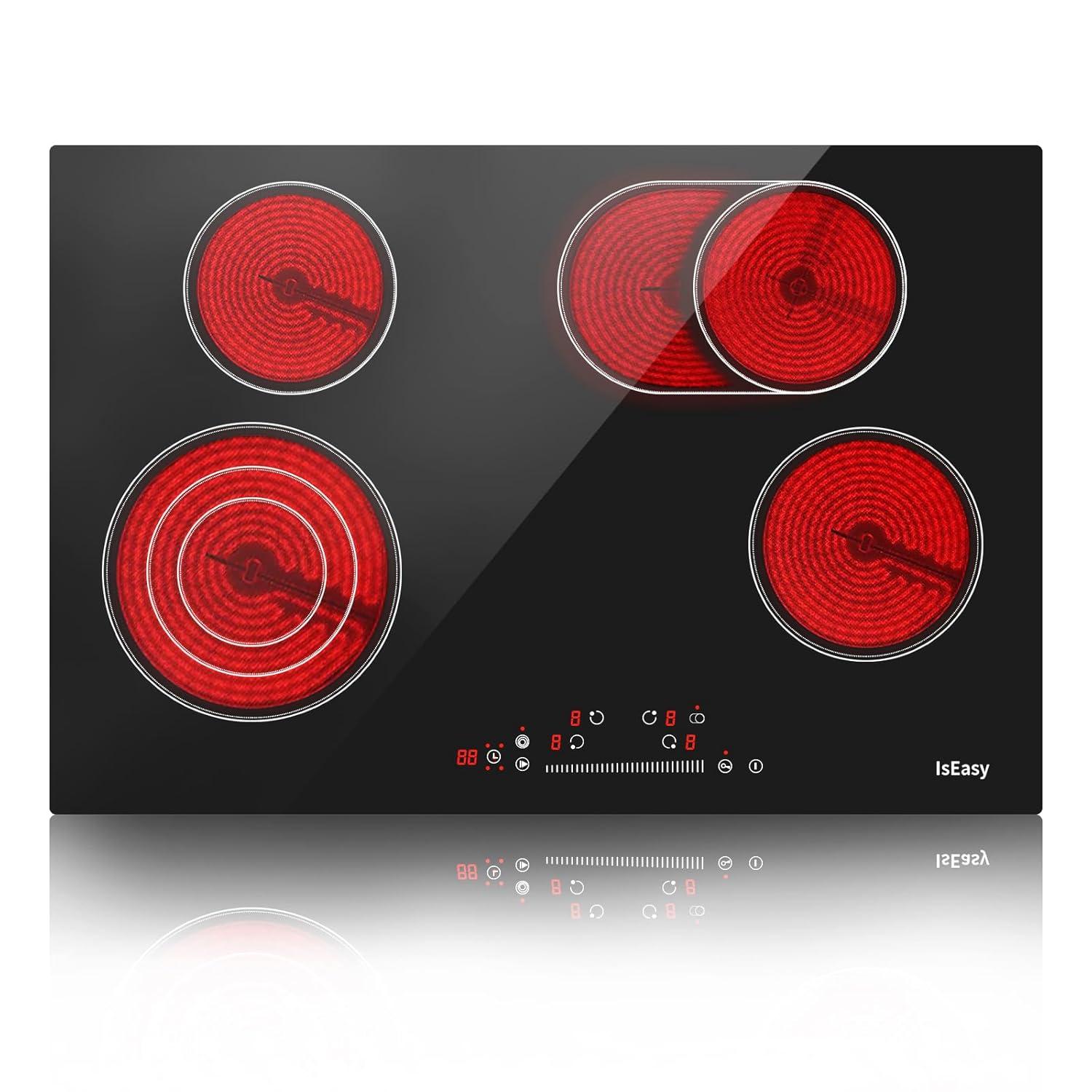 IsEasy 4 Burner Electric Cooktop 30 Inch Built-In Ceramic Cooktop Top, Electric Radiant Cooktop with Pause Function, Electric Stove Top, 220-240V 7200W, 9 Power Levels, Flexible Heating Zones