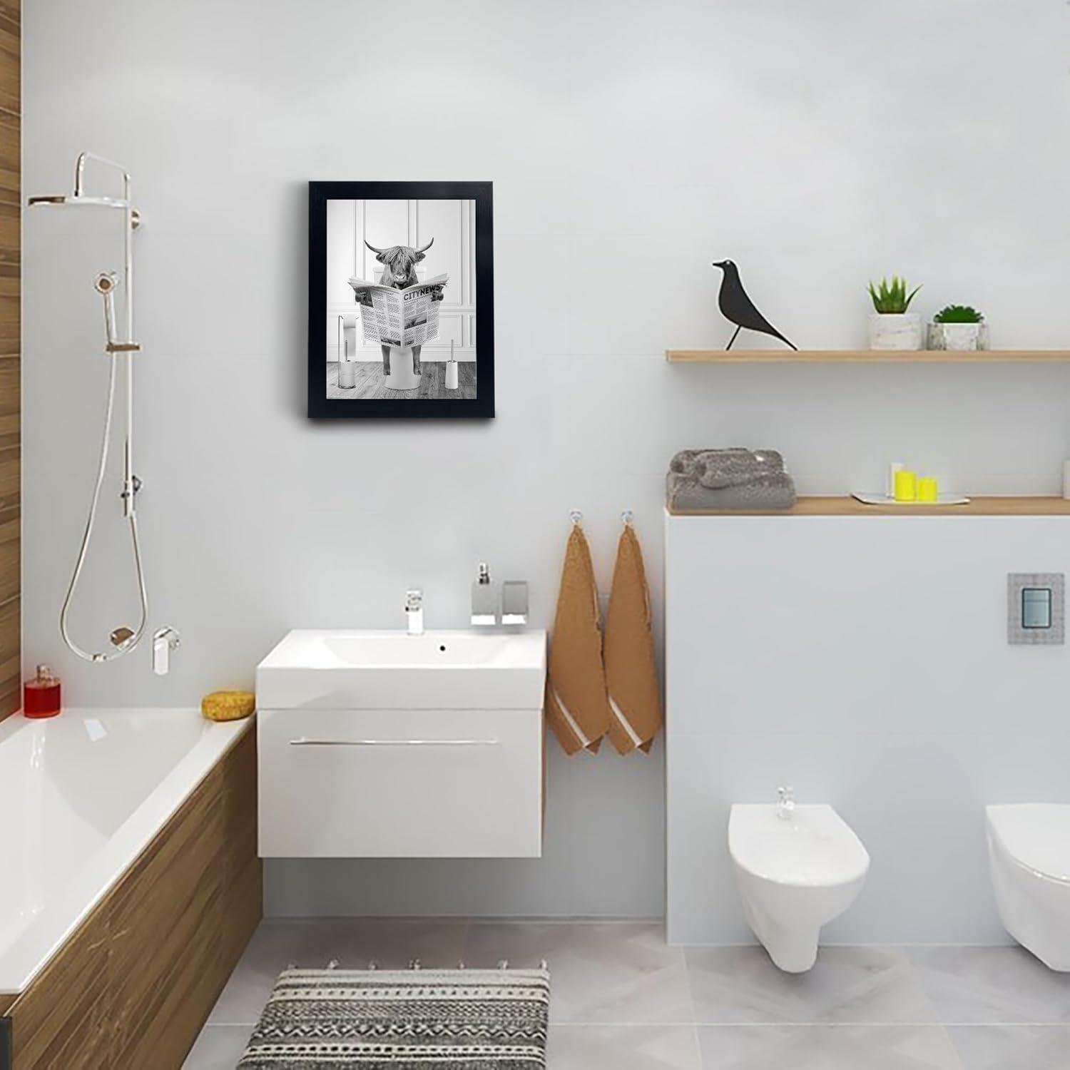 Modern Black Framed Highland Cow Wall Art Minimalist Bathroom Wall Decor Cute Funny Animals Artwork Canvas Prints Ready to Hang for Guest Bathroom, Hotel, Condo, Kids Bathroom, 12”x16”