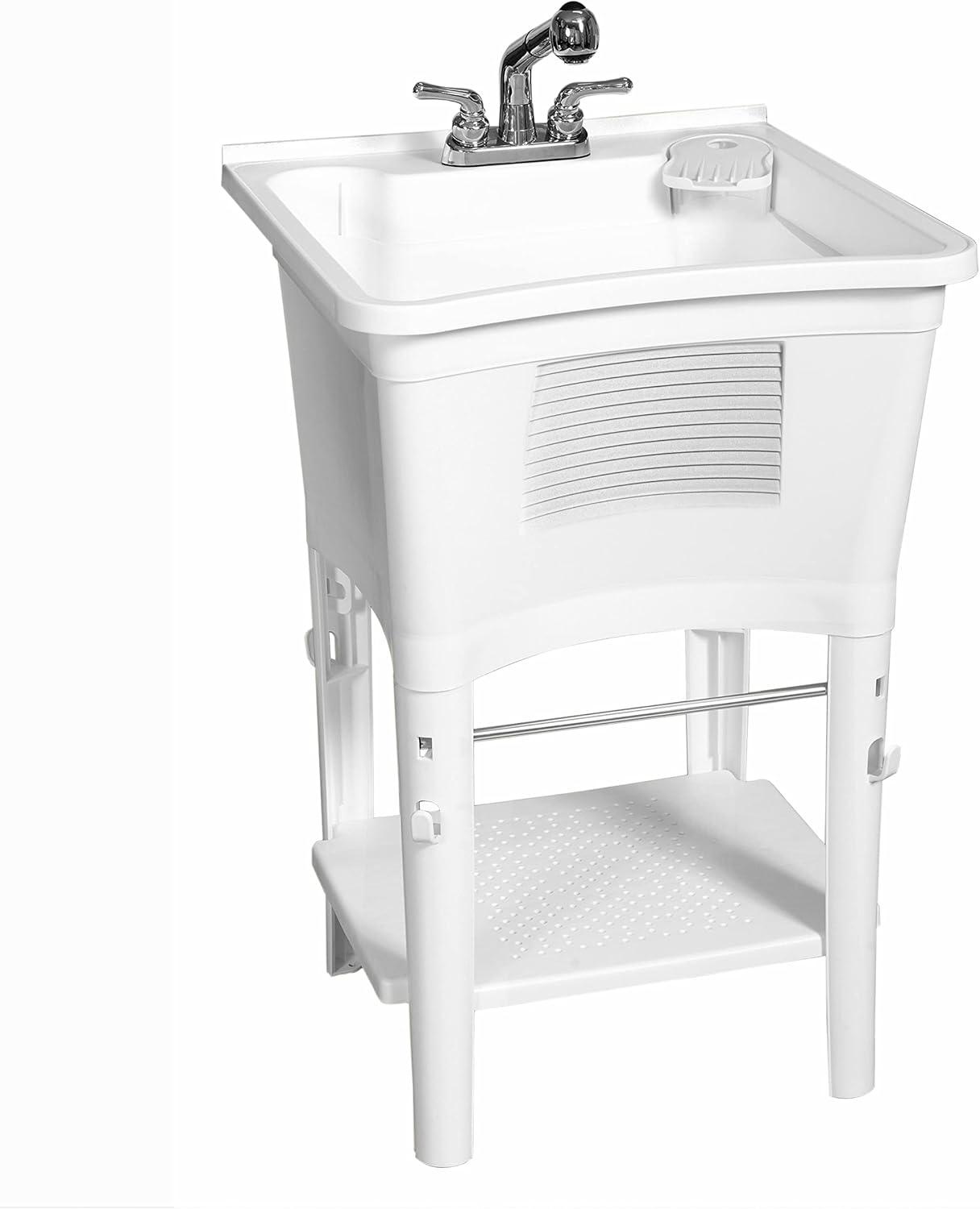 White Freestanding Utility Sink with Pull-Out Faucet and Towel Bar