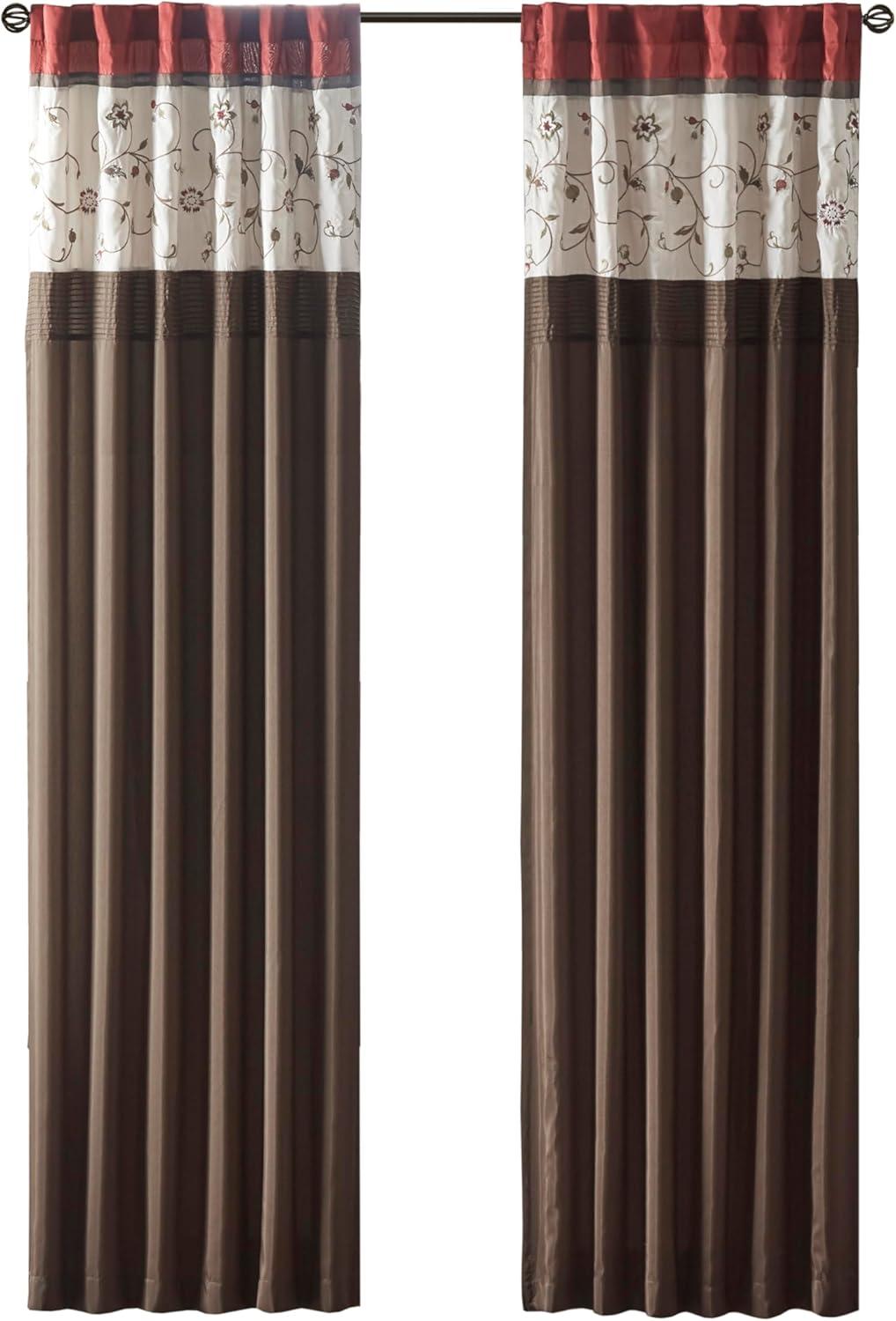 Madison Park Serene Embroidered Light Filtering Treatment Curtain Rod Pocket/Back Tab Single Window Panel Drape for Bedroom Livingroom and Dorm, 50x84", Red