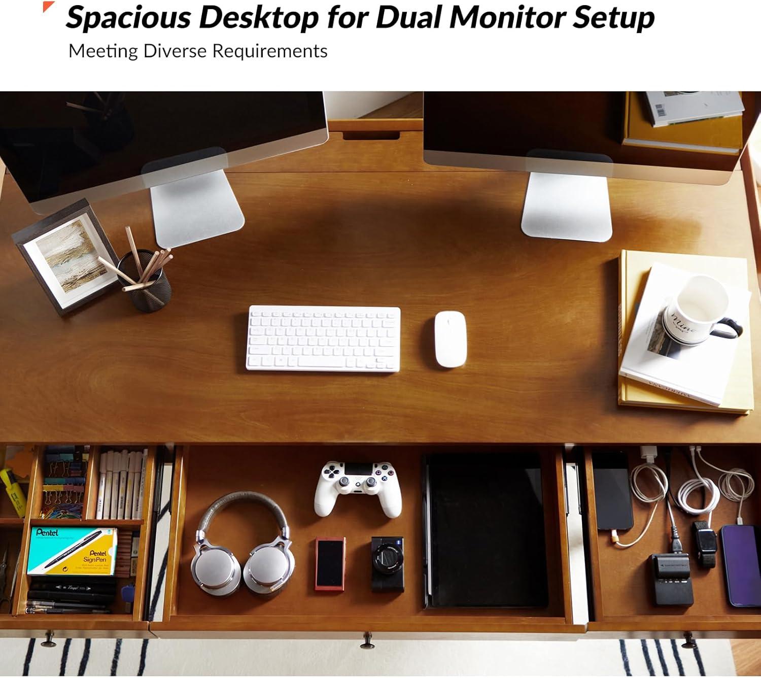 Walnut Mid-Century Modern Desk with Acorn Rubber Wood Legs and Power Outlet