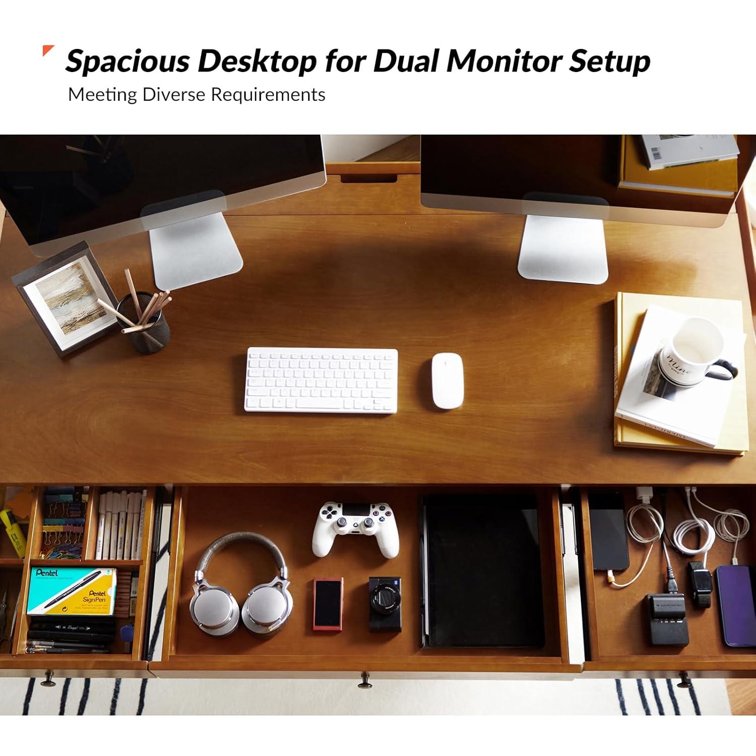 Walnut Mid-Century Modern Desk with Acorn Rubber Wood Legs and Power Outlet