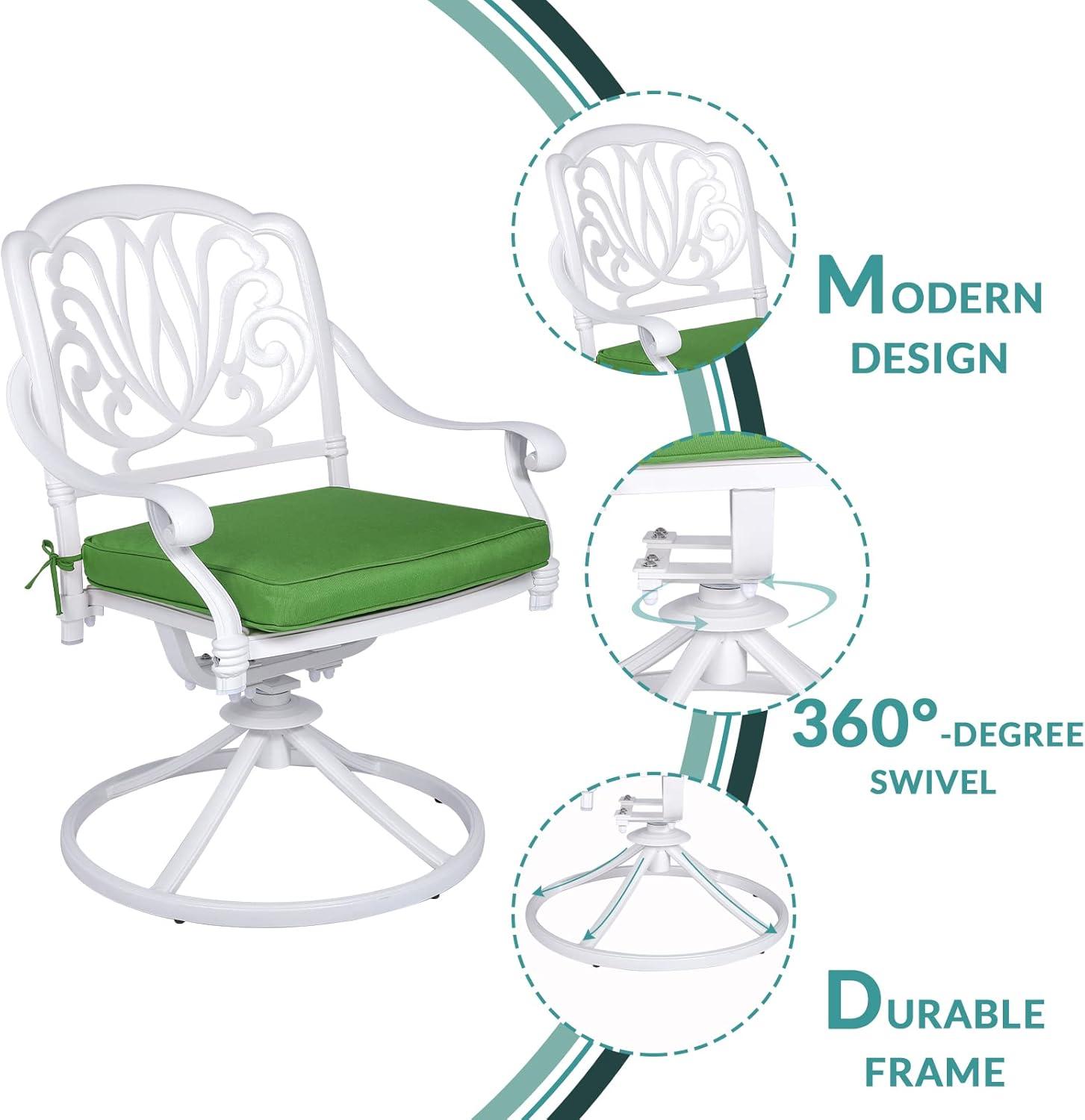 MEETWARM 2 Piece Patio Dinning Swivel Chairs Rocker, Outdoor All-Weather Cast Aluminum Chairs, Patio Bistro Dining Chair Set with Cushions for Garden Deck Backyard,White