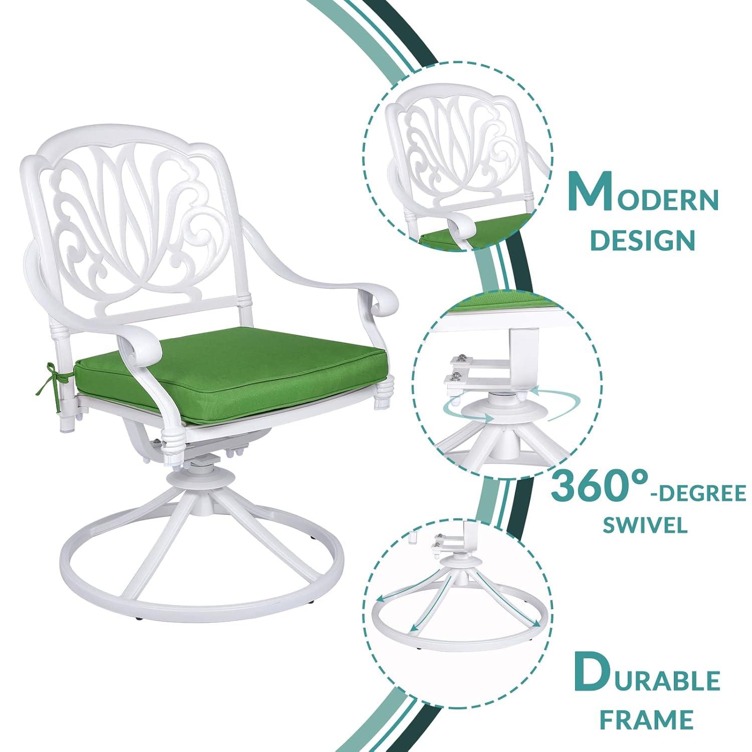 MEETWARM 2 Piece Patio Dinning Swivel Chairs Rocker, Outdoor All-Weather Cast Aluminum Chairs, Patio Bistro Dining Chair Set with Cushions for Garden Deck Backyard,White