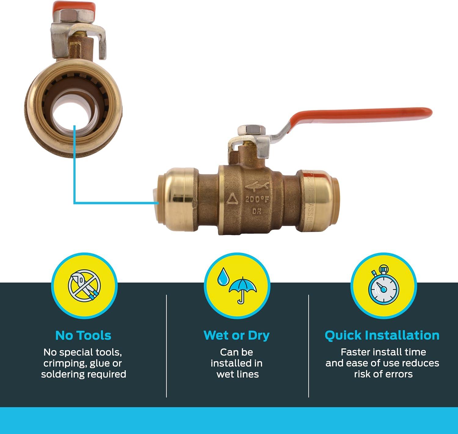 SharkBite 22185-0000LF Ball Valve 3/4 in Push-Fit x 3/4 in Push-Fit 2 Ports/Ways Brass