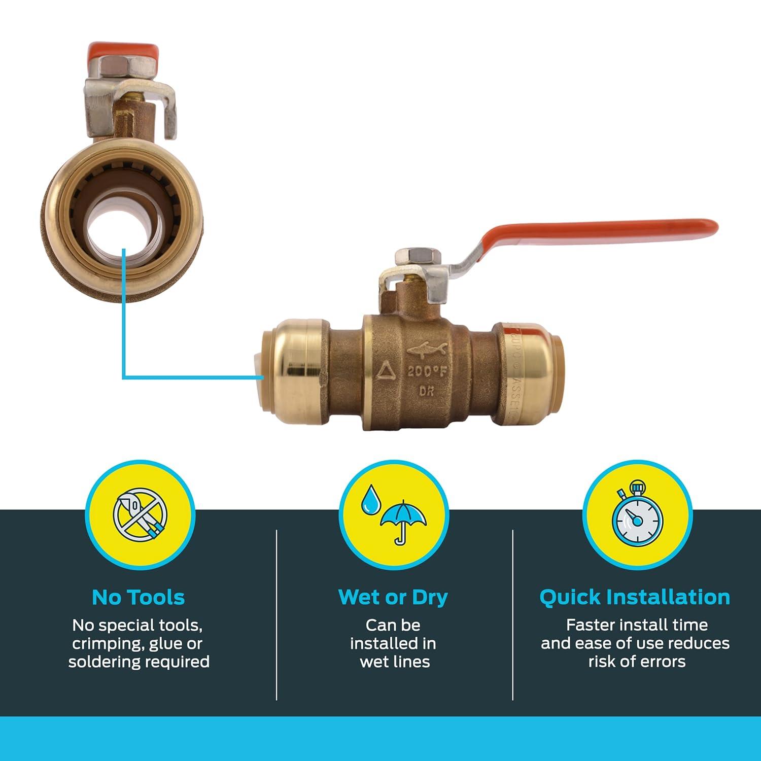 SharkBite 22185-0000LF Ball Valve 3/4 in Push-Fit x 3/4 in Push-Fit 2 Ports/Ways Brass